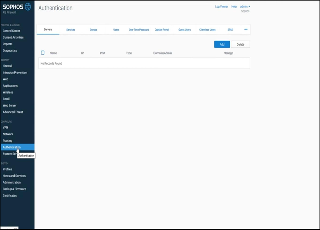 Sophos Authentication settings console